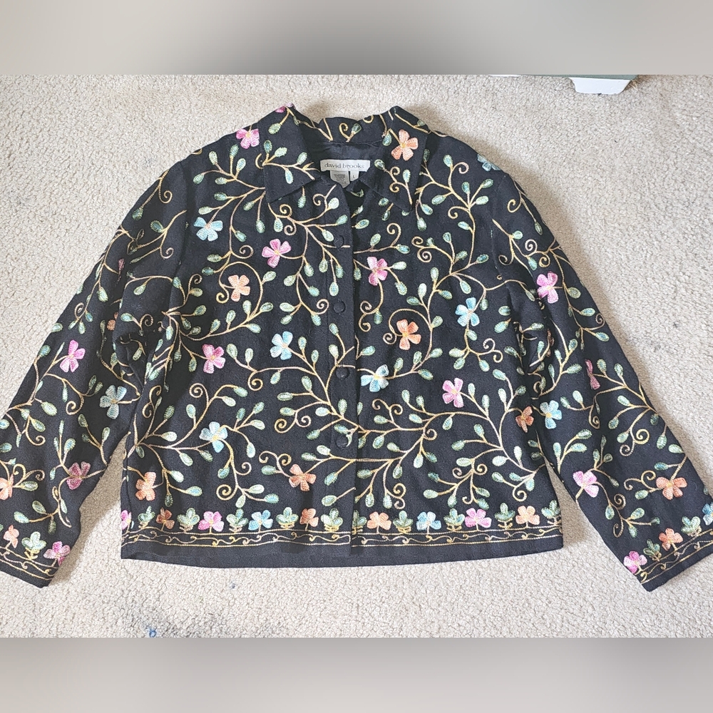 Vtg Embroided Floral Wool Blend David Brooks Coat Jacket Women's Size L‎ Blk